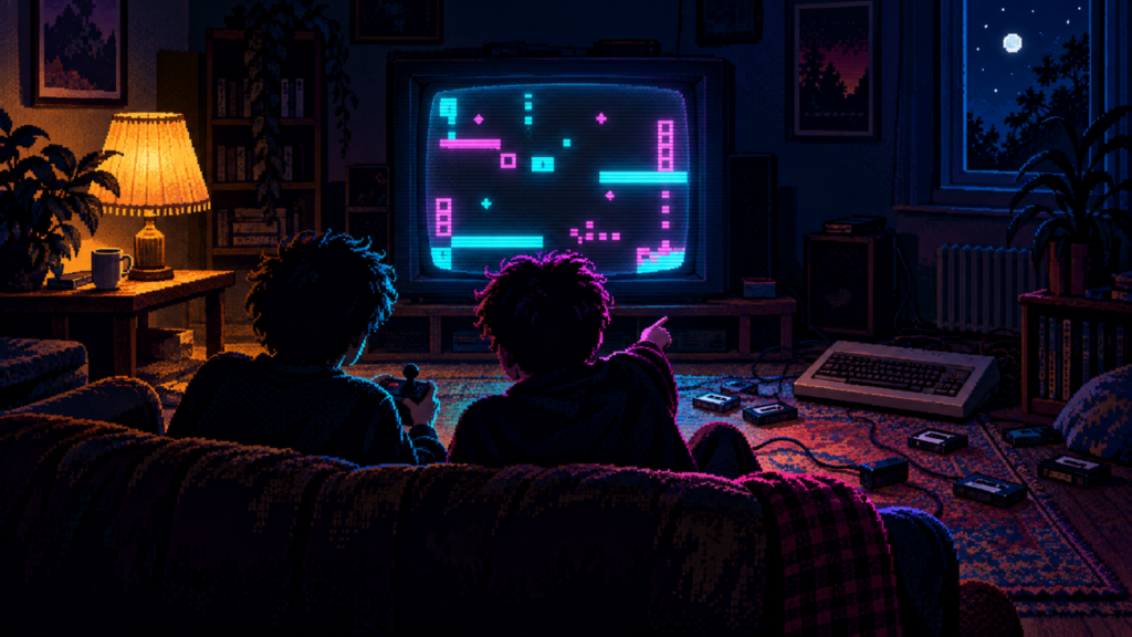 Two friends on a couch sharing one CRT screen and a joystick