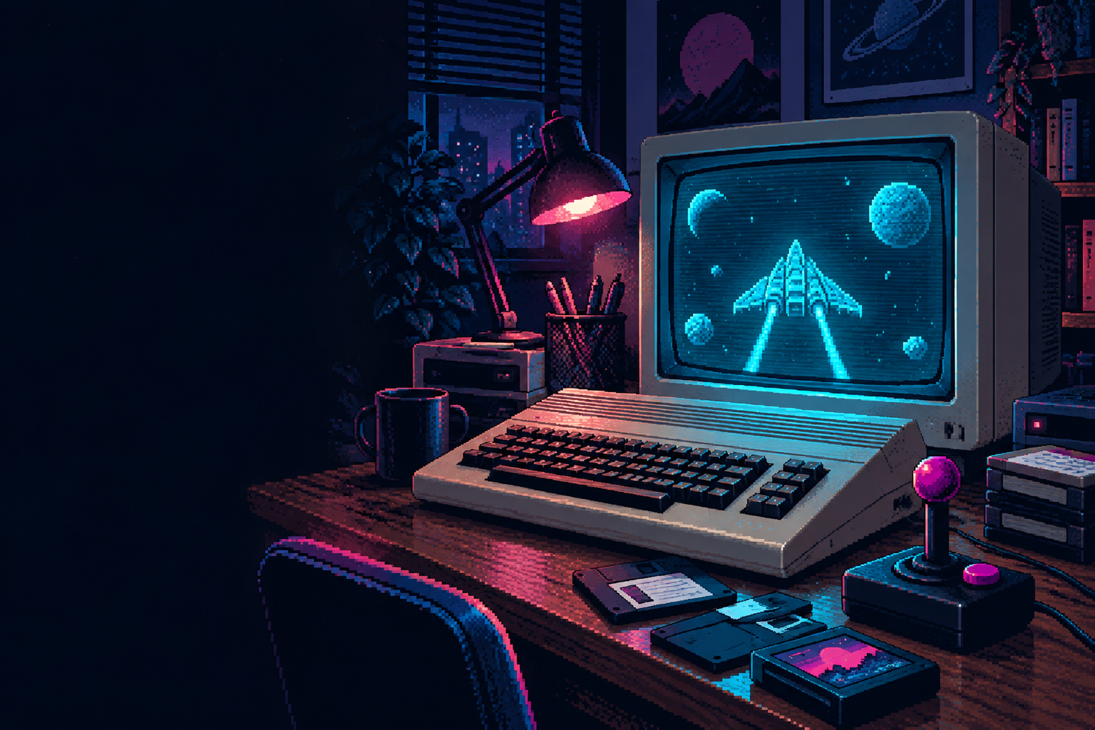 An original pixel-art scene celebrating classic home computing.